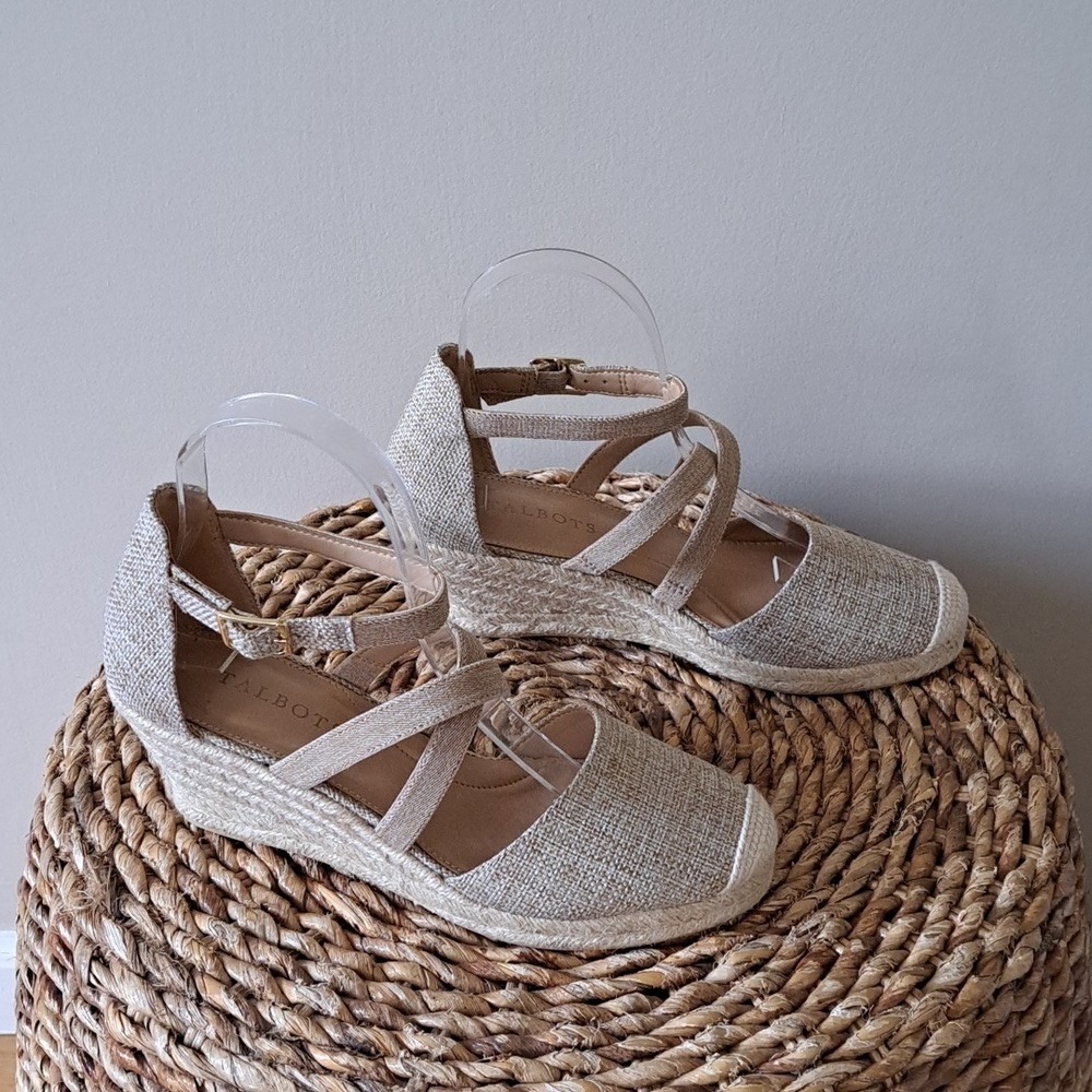 Talbots Womens Lyndsay Strappy Beige Woven Canvas Wedge Espadrille Sandals S-7